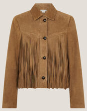 Lily Fringe Suede Jacket, Tan (TAN), large