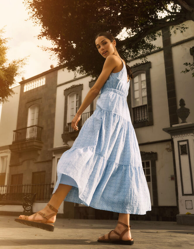 Belle Broderie Tiered Dress Blue | Maxi Dresses | Monsoon UK.