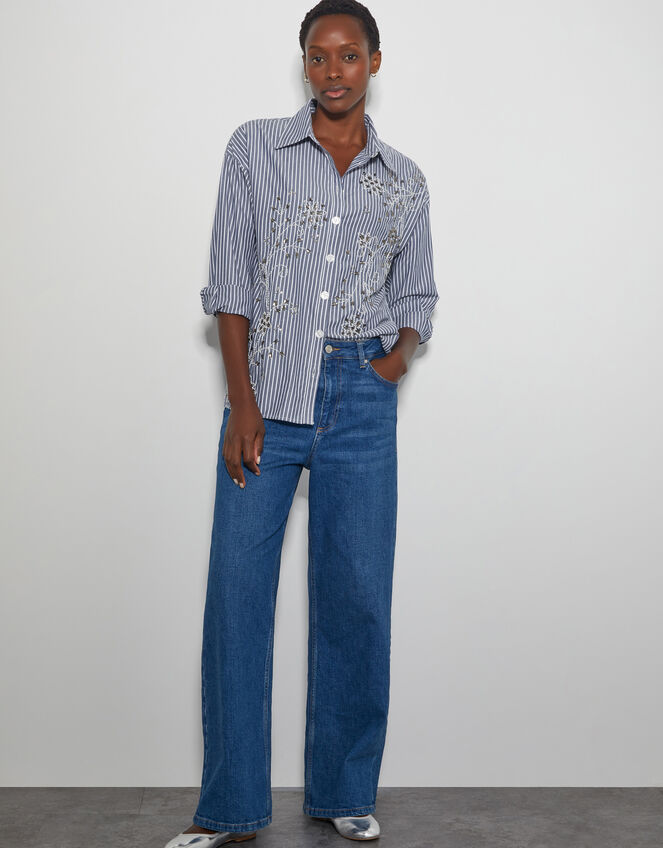 Sherry Embroidered Stripe Shirt, Blue (NAVY), large