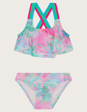 Palm Print Frill Bikini Set, Blue (TURQUOISE), large