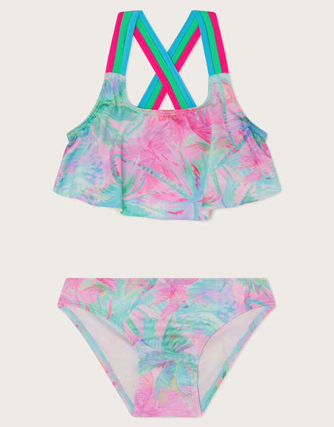 Palm Print Frill Bikini Set, Blue (TURQUOISE), large
