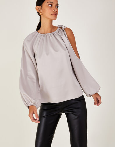 Claudette Satin Cold Shoulder Top, Ivory (IVORY), large