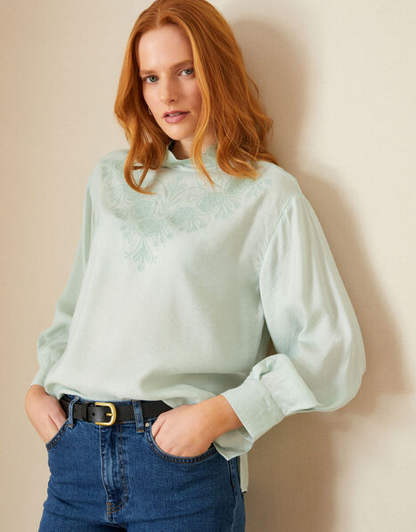 Embroidered Scallop Long Sleeve Blouse  Green, Green (SAGE), large
