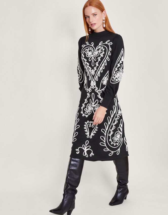 Heart Cornelli Embroidery Knit Dress Black | Day Dresses | Monsoon UK.