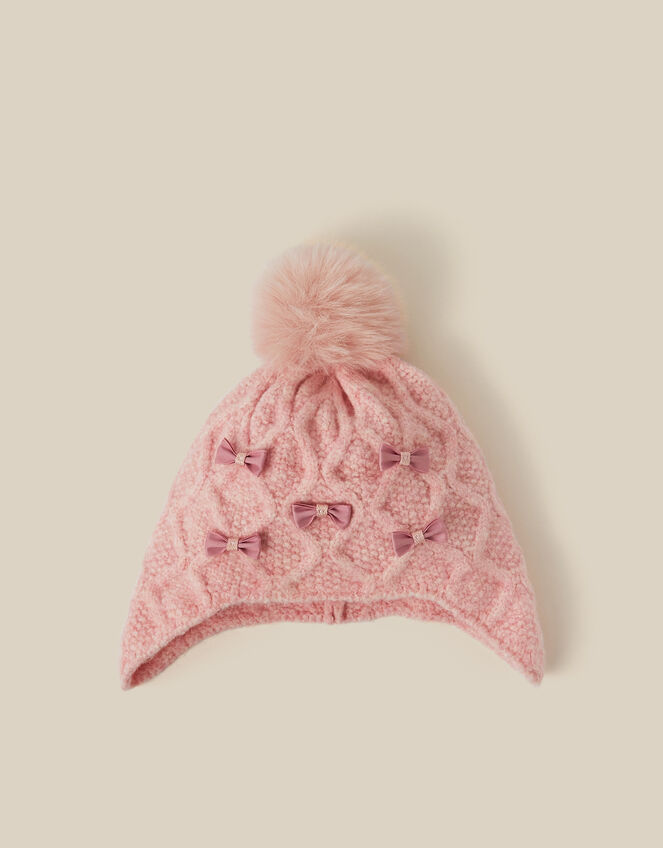 Bow Cable Knit Trapper Hat, Pink (PINK), large