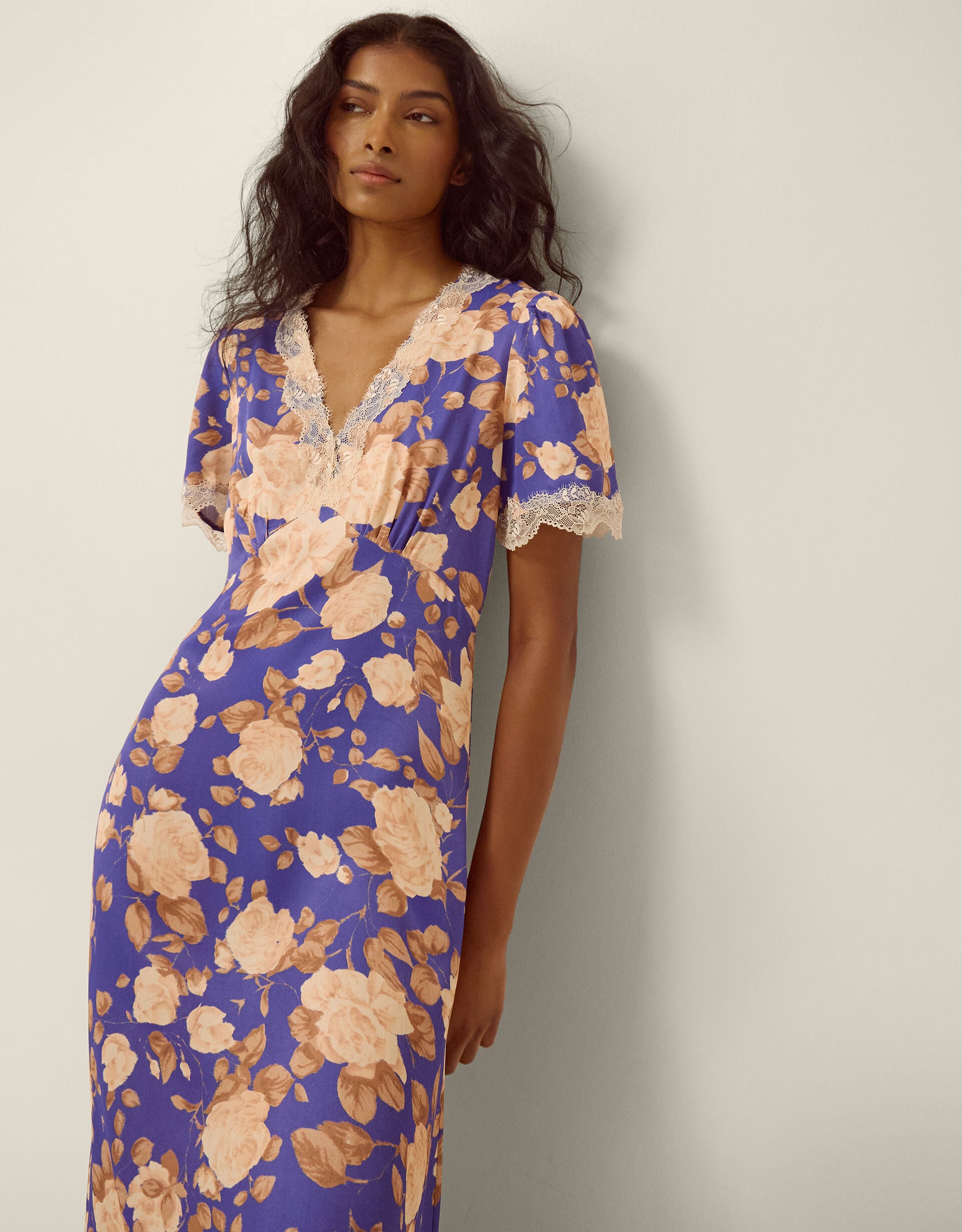 Lori Lace Floral Satin Midi Dress Blue | Day Dresses | Monsoon UK.