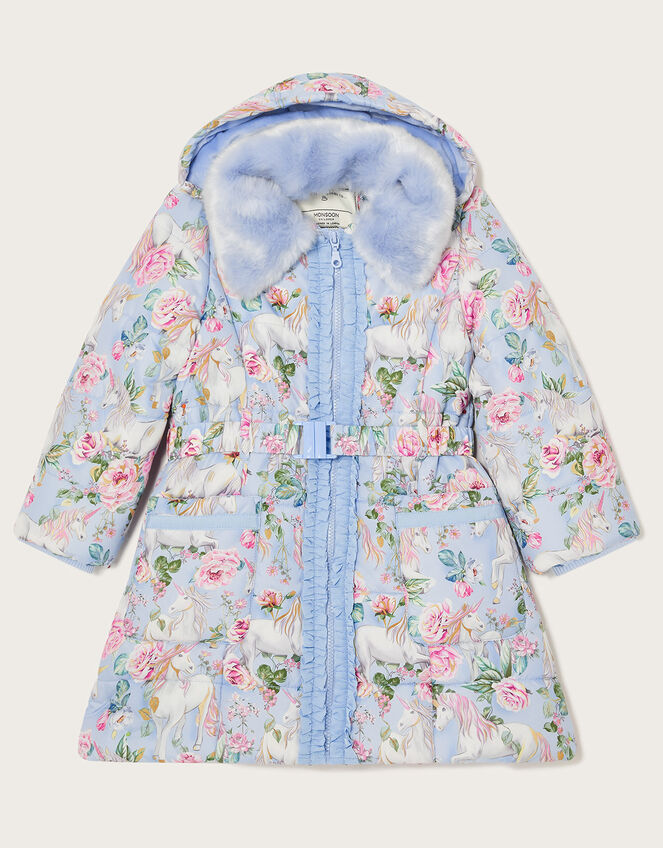 Unicorn Print Padded Coat, Blue (PALE BLUE), large