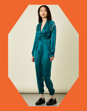 Tallulah and Hope Embroidered Satin Wrap Jumpsuit, Green (GREEN), large