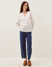 Jayla V-Neck Lace Linen Blouse, White (WHITE), large