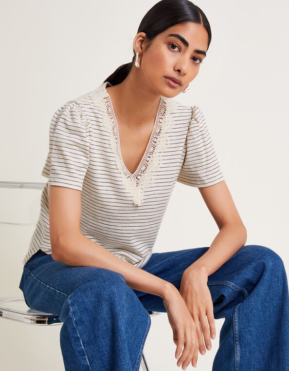 Shay Stripe Lace T-Shirt, Ivory (IVORY), large