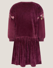 Butterfly Embellished Velour Dress, Red (BURGUNDY), large