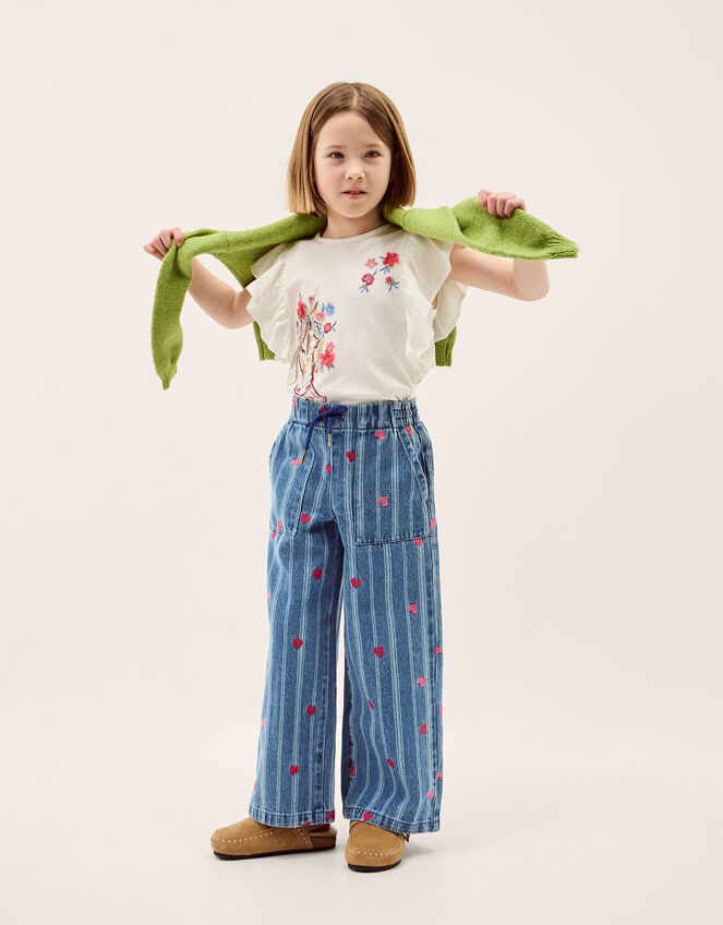 Embroidered Heart Stripe Denim Jeans, Blue (BLUE), large