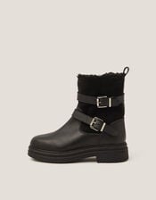 Leya Shearling Leather Biker Boots, Black (BLACK), large