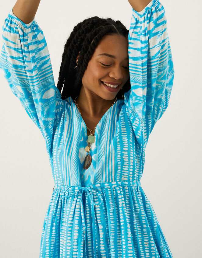 Ikat Spot Print Smock Dress in Sustainable Cotton, Blue (BLUE), large