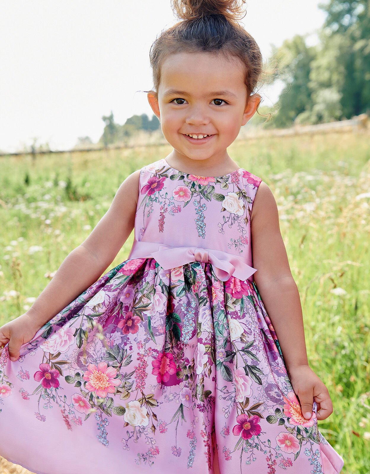 Baby Floral Print Satin Dress Pink