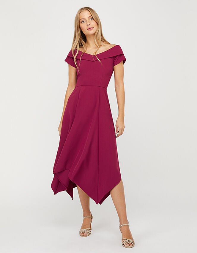 Savea Bardot Hanky-Hem Midi Dress, Red (BERRY), large