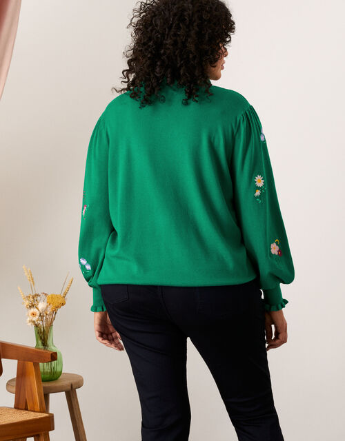 Floral Embroidered Frill Neck Jumper, Green (GREEN), large