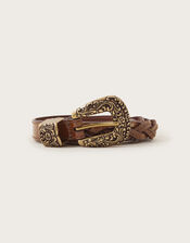 Leather Plaited Western Belt, Tan (TAN), large