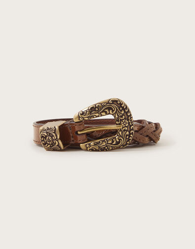 Leather Plaited Western Belt, Tan (TAN), large