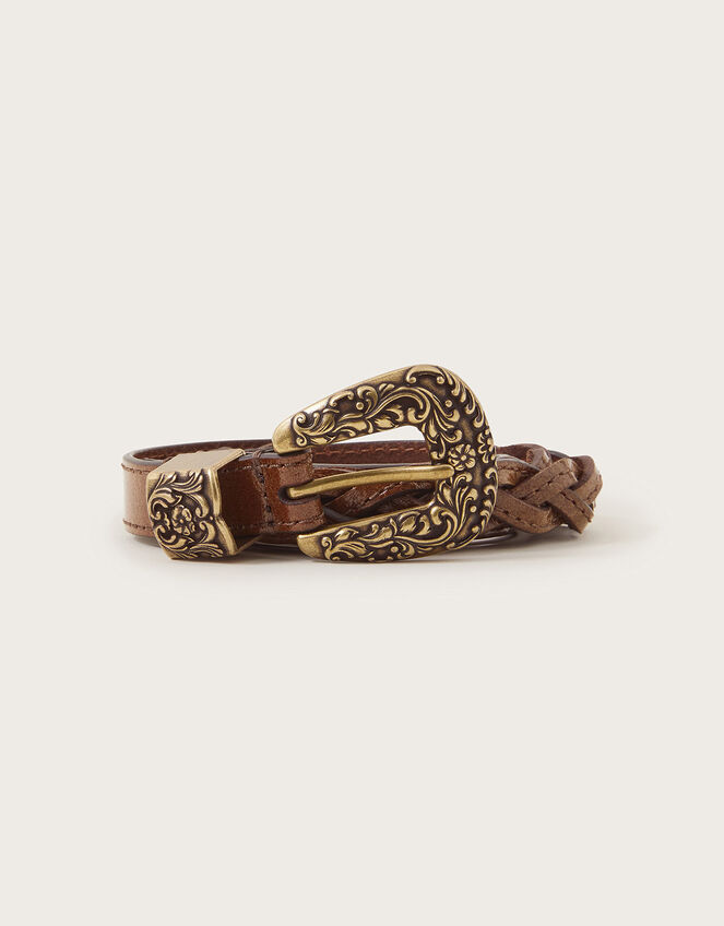 Leather Plaited Western Belt, Tan (TAN), large