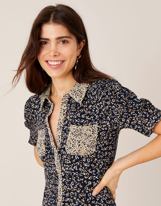 Animal Print Jersey Shirt Dress, Blue (NAVY), large