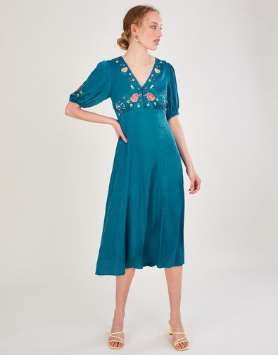 Juliette Embroidered Jacquard Midi Dress in Recycled Polyester Teal, Teal (TEAL), large