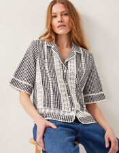 Zoe Lace Gingham Cotton Shirt, Black (BLACK), large