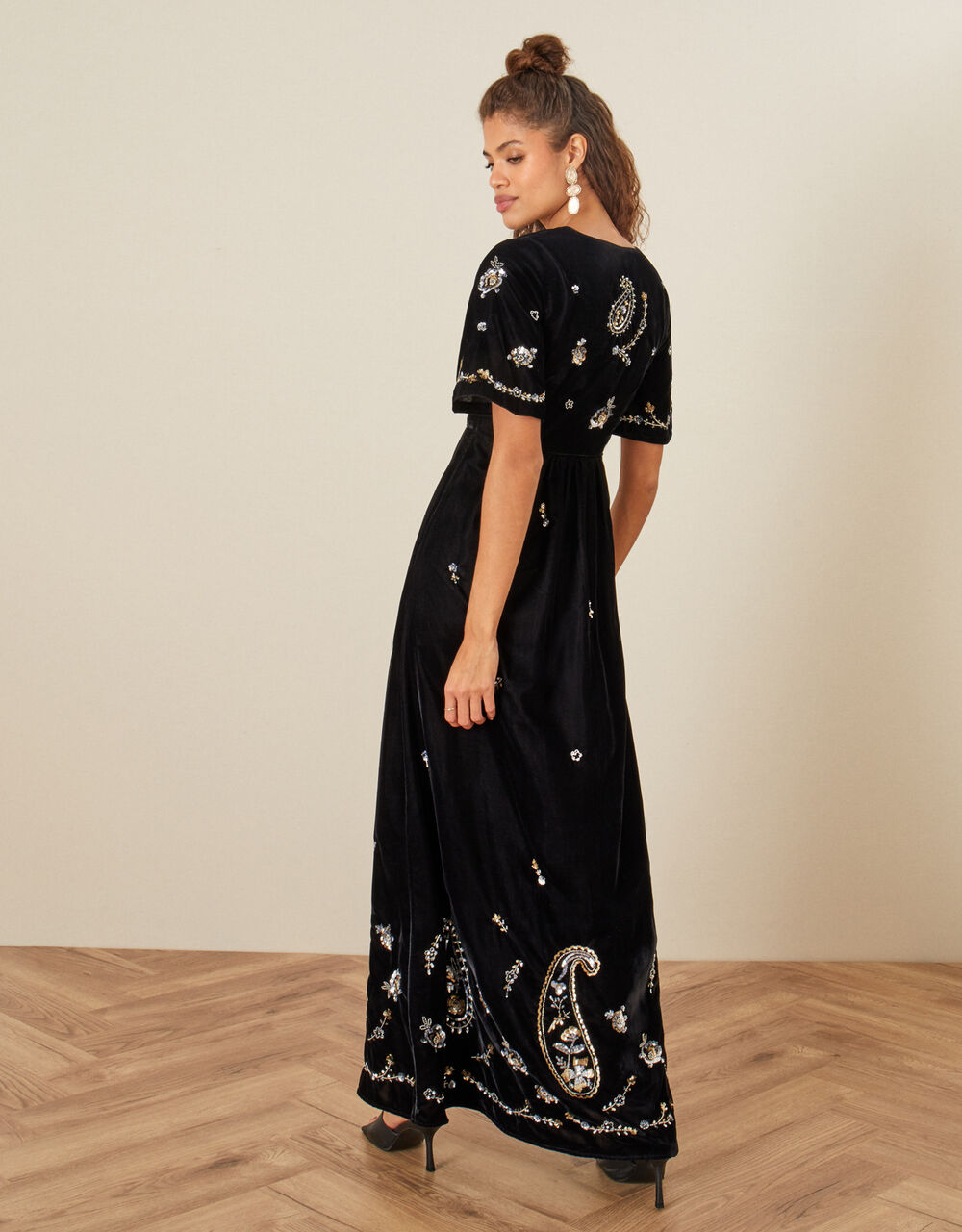 Women's Black Velvet Bodycon Maxi Dress with Embellished Neckline