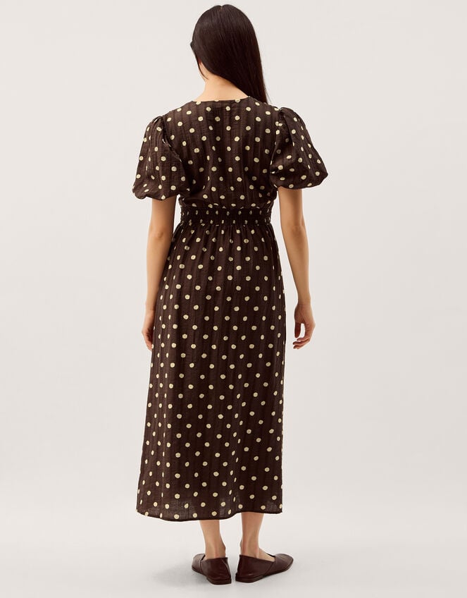 Paris Puff Sleeve Polka Dot Midi Dress, Brown (CHOCOLATE), large