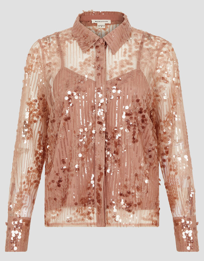 Gwen Sheer Sequin Shirt, Pink (PINK), large