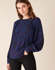 Animal Print Beaded Neck Blouse, Blue (BLUE), large