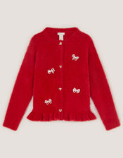 Pearl Bow Fluffy Cardigan, Red (RED), large