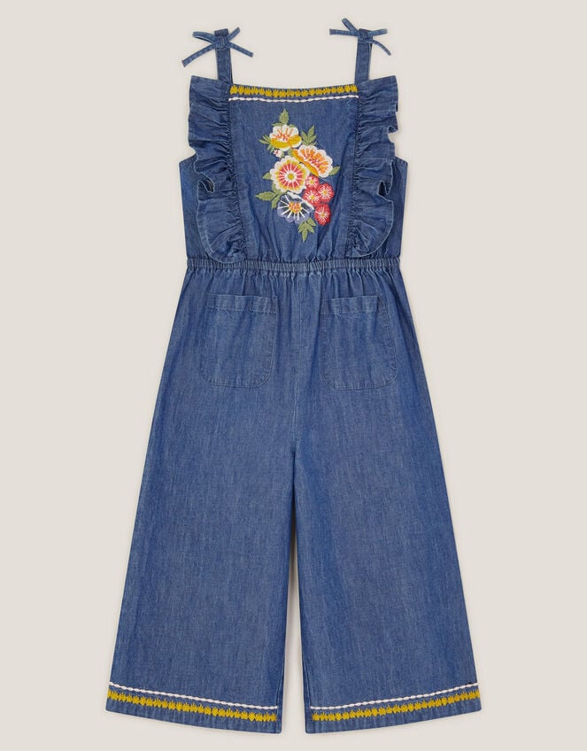 Floral Embroidered Denim Jumpsuit, Blue (BLUE), large
