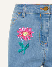 Sequin Flower Longline Denim Shorts , Blue (BLUE), large