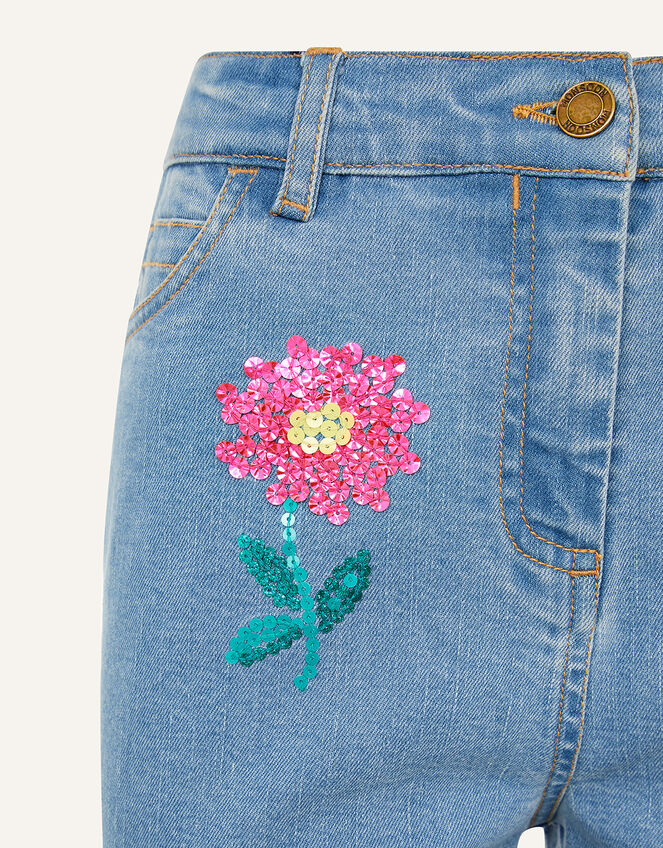 Sequin Flower Longline Denim Shorts , Blue (BLUE), large
