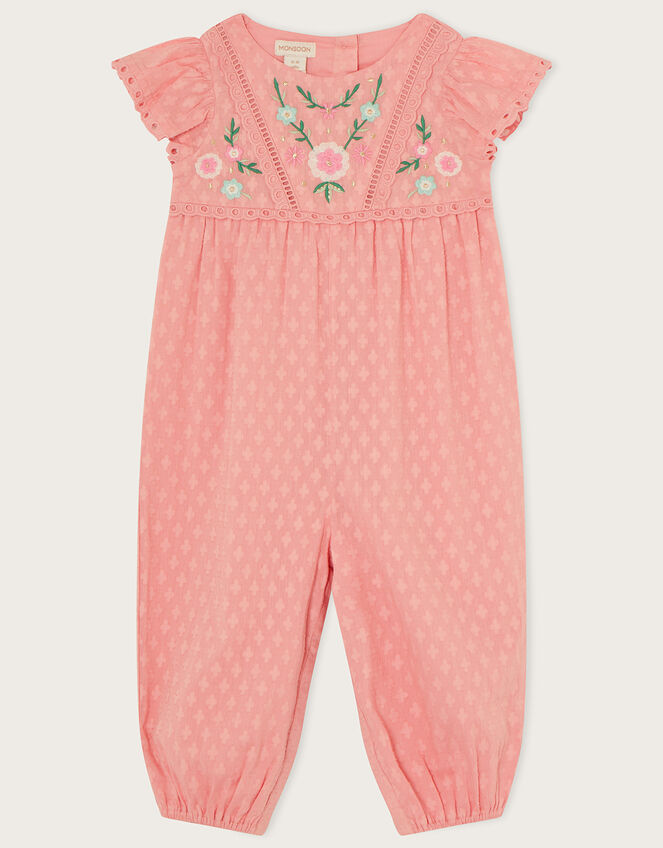 Baby Dobby Embroidered Floral Romper, Pink (PINK), large