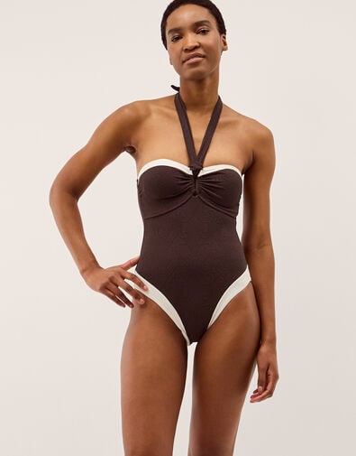 Saylor Halter Two Tone Swimsuit, Brown (BROWN), large