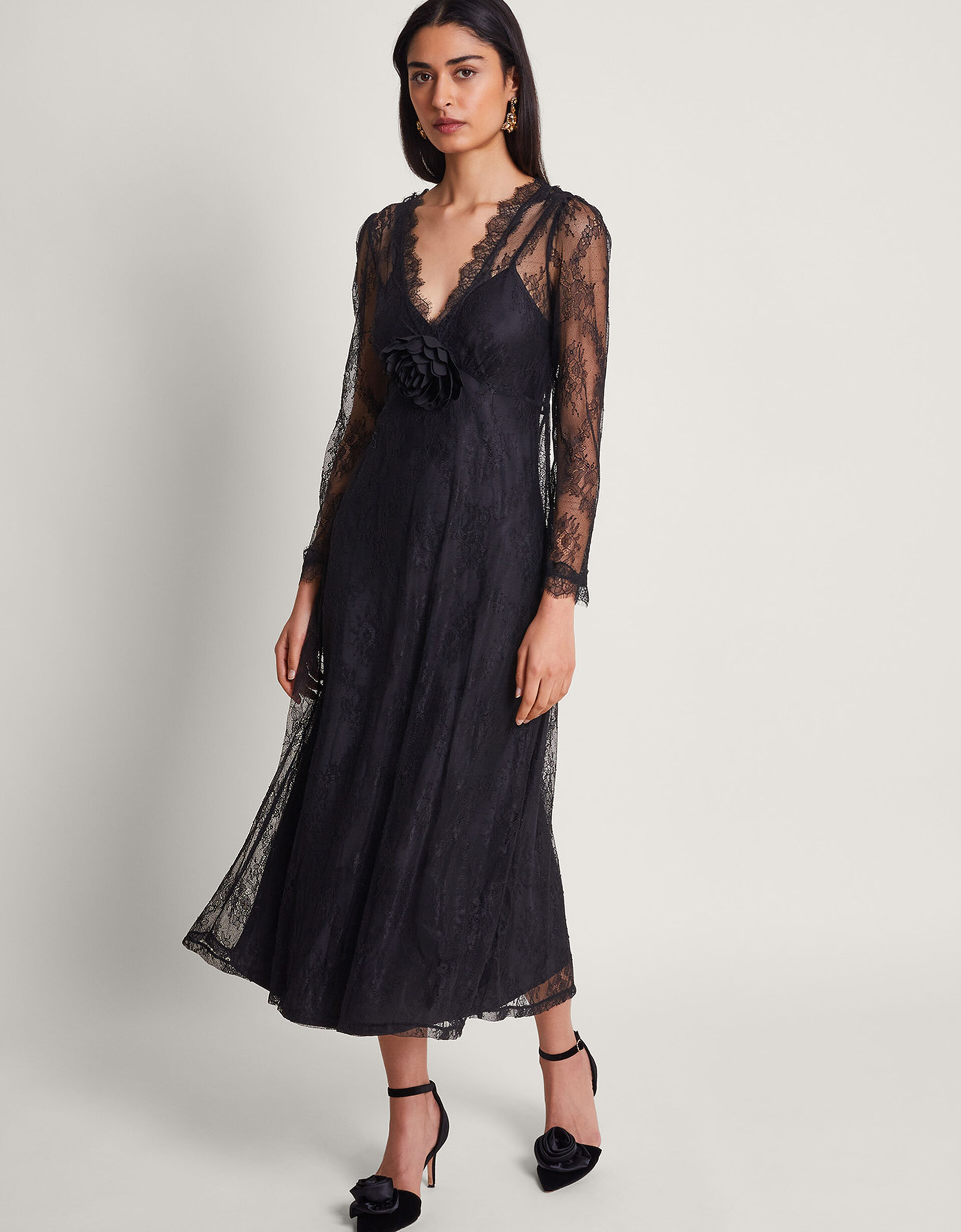 black long sleeve dress floor length Two Piece Satin Prom Dresses with Lace sale: 20December AUUK Size:19½   36/37 Black Lace Halter Cocktail