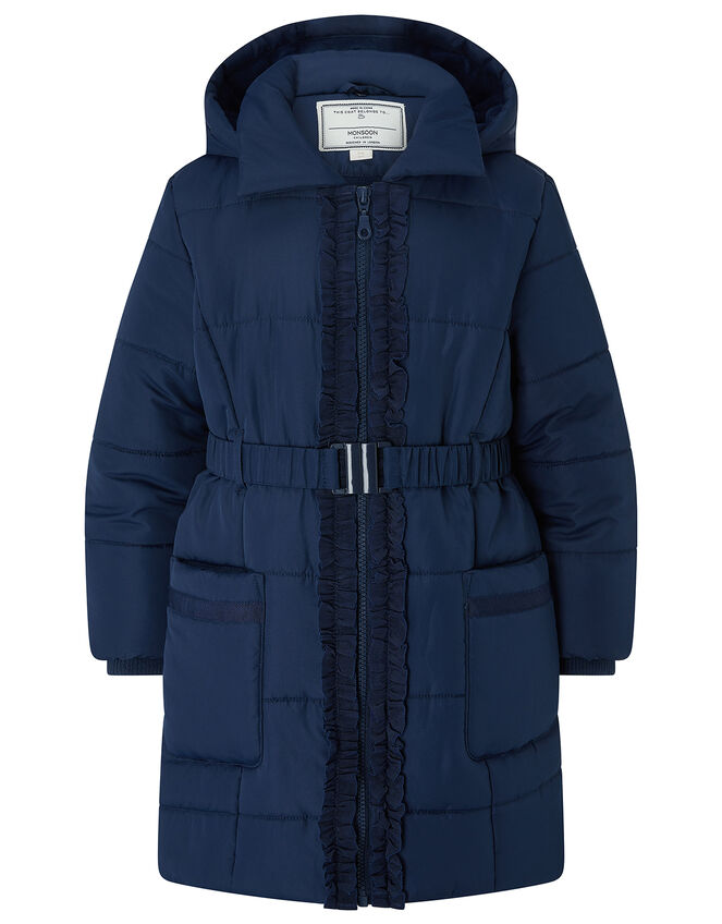 Ruffle Belted Padded Coat with Recycled Fabric, Blue (NAVY), large