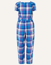 Check Print Puff Sleeve Jumpsuit, Blue (BLUE), large