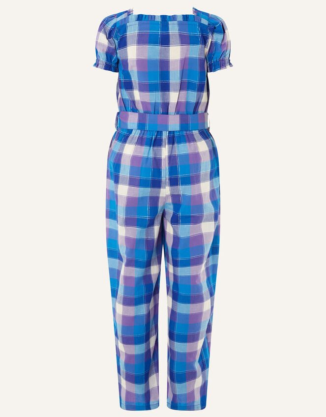 Check Print Puff Sleeve Jumpsuit, Blue (BLUE), large