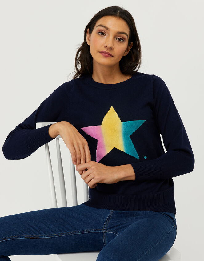 Nina Ombre Star Knit Jumper with Recycled Polyester, Blue (NAVY), large