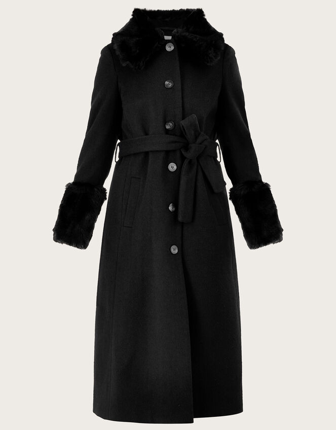 Felicity Faux Fur Trim Belted Wool Blend Coat, Black (BLACK), large