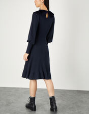 Velvet Tie Collar Long Sleeve Dress, Blue (NAVY), large