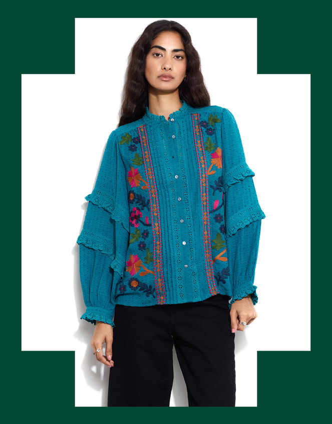 East Embroidered Ruffle Sleeve Blouse, Green (GREEN), large