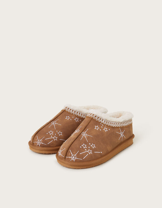 Ebony Embroidered Suedette Mule Slippers, Tan (TAN), large