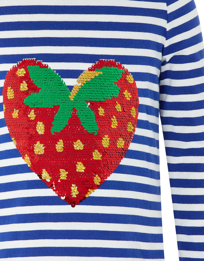 Sequin Heart Strawberry Striped T-Shirt, Blue (BLUE), large