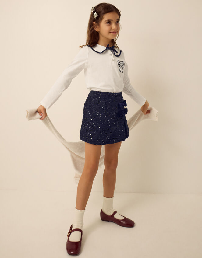 Bow Long Sleeve Top & Skort Set, Blue (NAVY), large