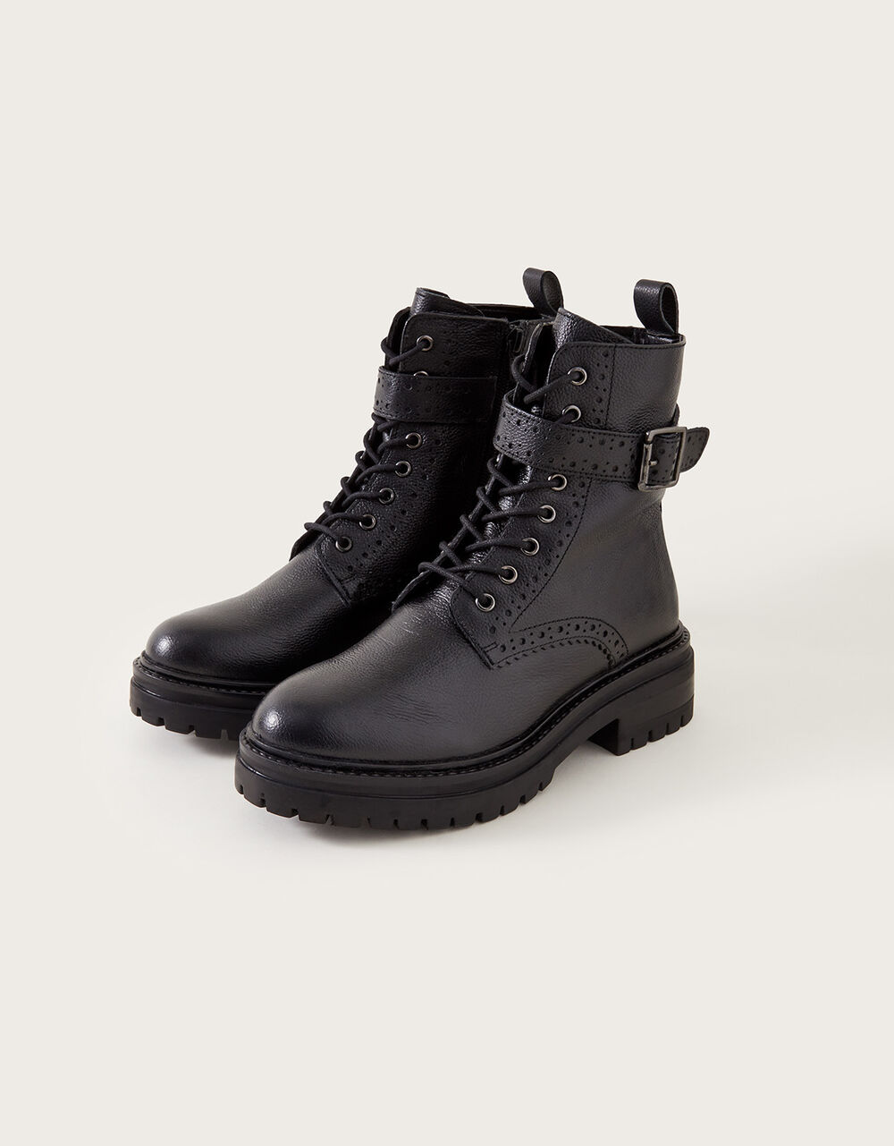 Brogue Leather Stomper Boots Black Women's Shoes Monsoon UK.