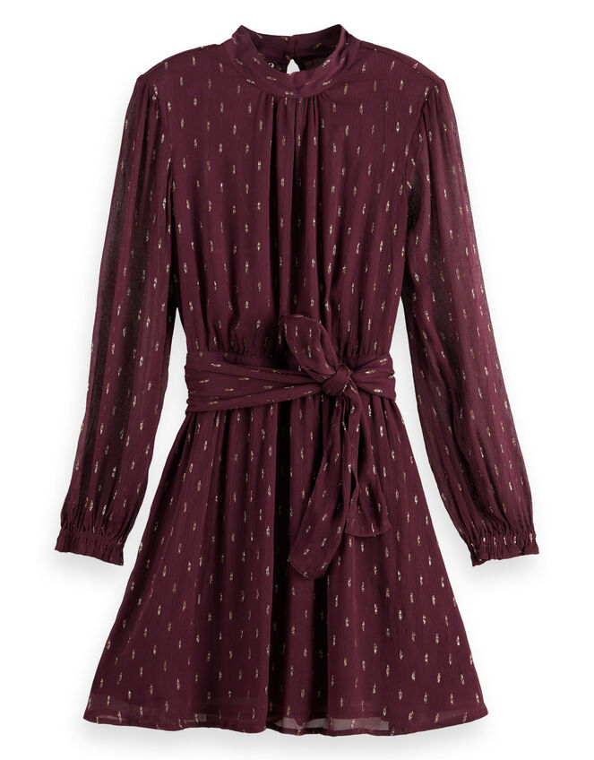 Scotch and Soda Metallic Tie Waist Mini Dress, Red (BURGUNDY), large